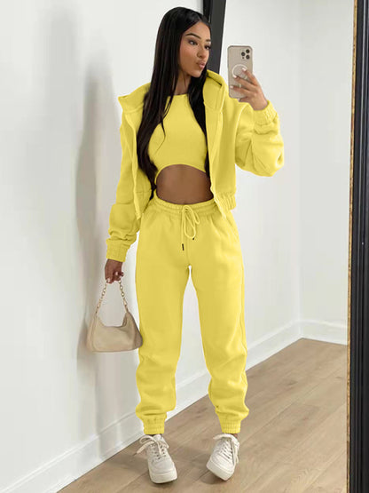 Sport Outfit- On-the-Go Casual 3-Piece Sweatpants, Hoodie, and Tank Top- Yellow- Pekosa Women Clothing