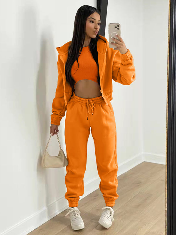 Sport Outfit- On-the-Go Casual 3-Piece Sweatpants, Hoodie, and Tank Top- Orange- Pekosa Women Clothing