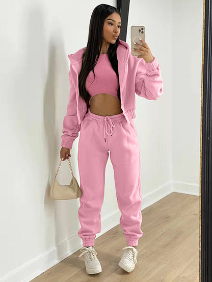 Sport Outfit- On-the-Go Casual 3-Piece Sweatpants, Hoodie, and Tank Top- Pink- Pekosa Women Clothing