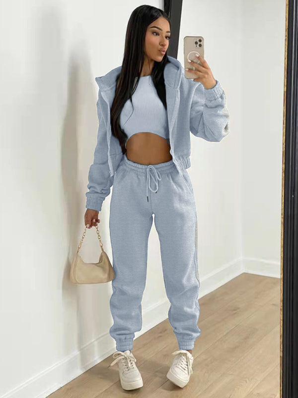 Sport Outfit- On-the-Go Casual 3-Piece Sweatpants, Hoodie, and Tank Top- Grey- Pekosa Women Clothing