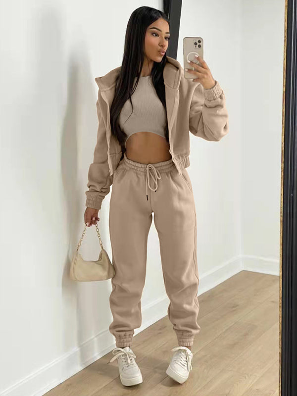 Sport Outfit- On-the-Go Casual 3-Piece Sweatpants, Hoodie, and Tank Top- Khaki- Pekosa Women Clothing