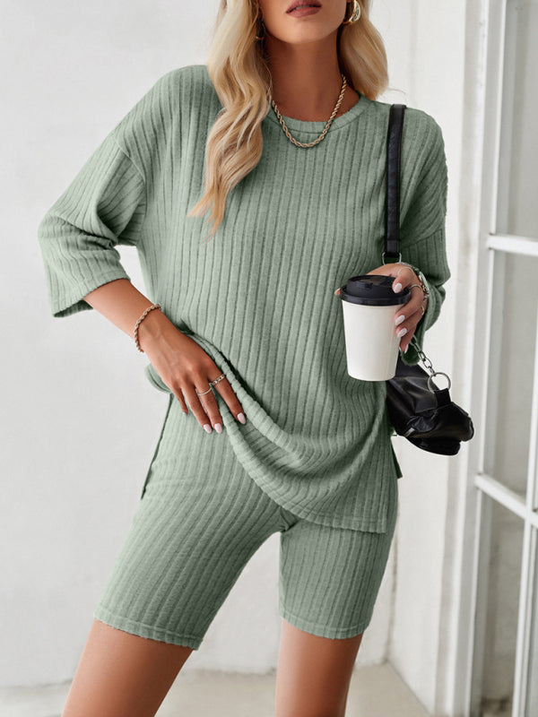 Sport Outfit- Rib-Knit Lounge Essentials Crew-Neck Pullover and Comfy Bike Shorts- Green- Pekosa Women Clothing