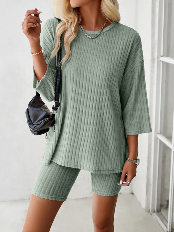 Sport Outfit- Rib-Knit Lounge Essentials Crew-Neck Pullover and Comfy Bike Shorts- - Pekosa Women Clothing