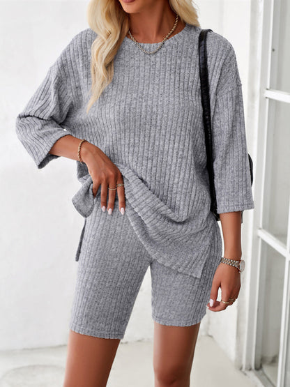 Sport Outfit- Rib-Knit Lounge Essentials Crew-Neck Pullover and Comfy Bike Shorts- - Pekosa Women Clothing