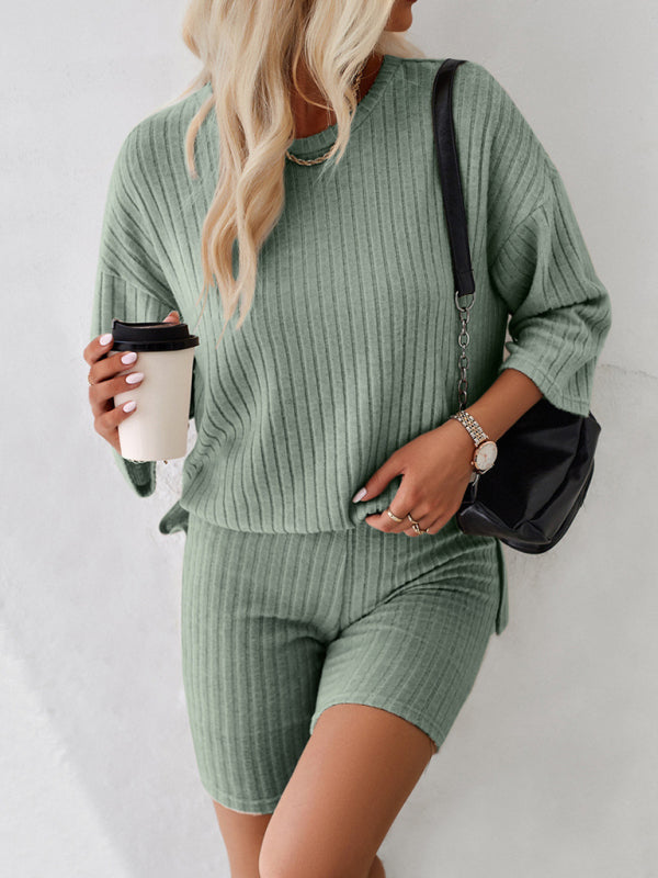 Sport Outfit- Rib-Knit Lounge Essentials Crew-Neck Pullover and Comfy Bike Shorts- - Pekosa Women Clothing