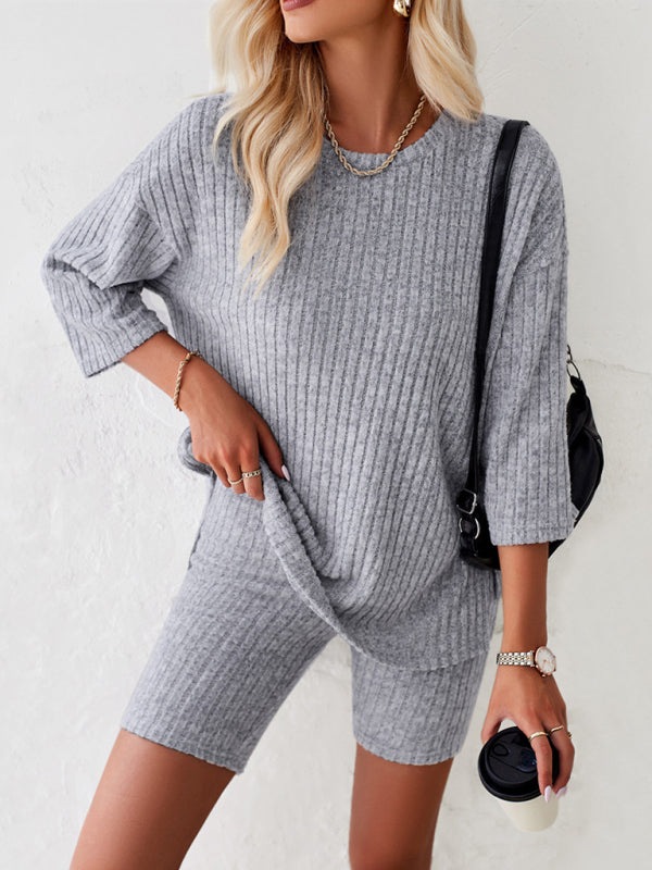 Sport Outfit- Rib-Knit Lounge Essentials Crew-Neck Pullover and Comfy Bike Shorts- - Pekosa Women Clothing