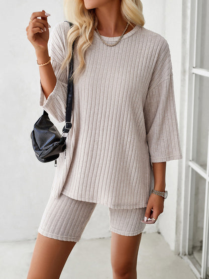 Sport Outfit- Rib-Knit Lounge Essentials Crew-Neck Pullover and Comfy Bike Shorts- - Pekosa Women Clothing