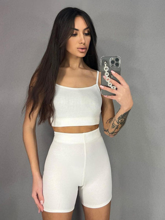 Sport Outfit- Ribbed Sport Outfit - 2 Piece Cami and Shorts- White- Pekosa Women Clothing