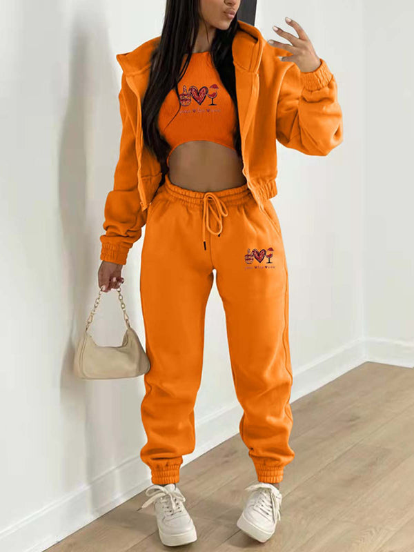 Sport Outfit- Sweatpants, Hooded Sweatshirt, and Crop Tank 3-Piece Sport Ensemble- Orange- Pekosa Women Clothing