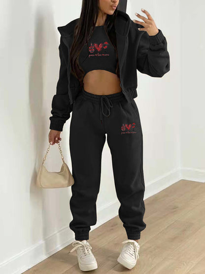 Sport Outfit- Sweatpants, Hooded Sweatshirt, and Crop Tank 3-Piece Sport Ensemble- Black- Pekosa Women Clothing