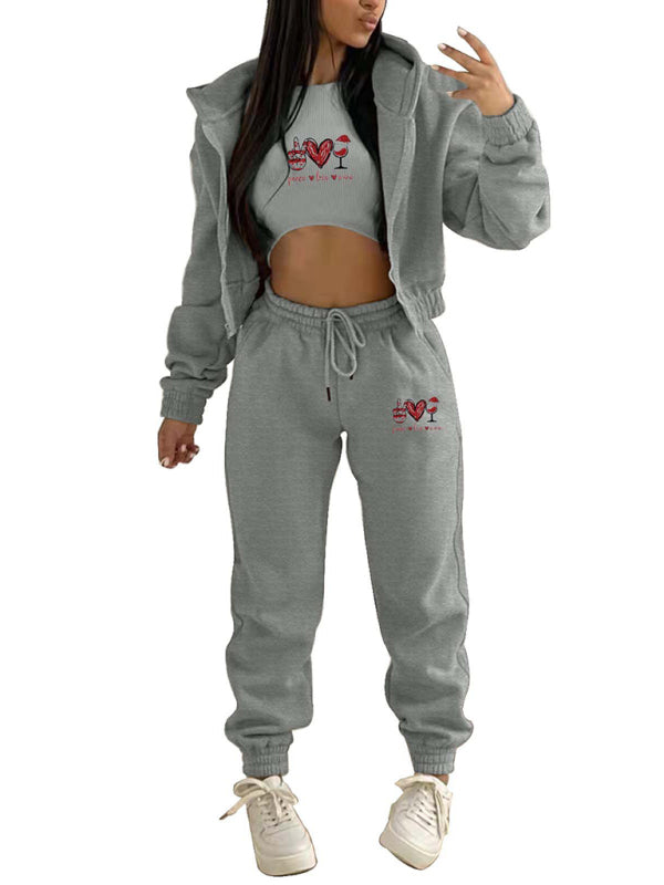 Sport Outfit- Sweatpants, Hooded Sweatshirt, and Crop Tank 3-Piece Sport Ensemble- - Pekosa Women Clothing