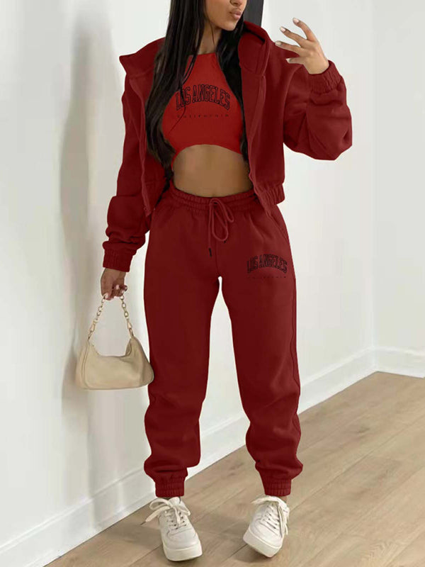 Sport Outfit- Sweatpants, Hooded Sweatshirt, and Crop Tank 3-Piece Sport Outfit Trio- Wine Red- Pekosa Women Clothing