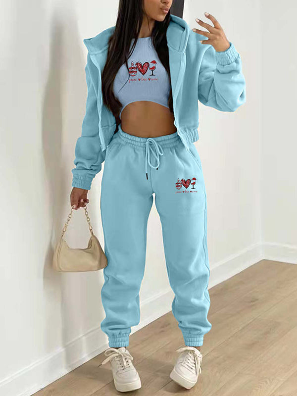 Sport Outfit- Sweatpants, Hooded Sweatshirt, and Crop Tank 3-Piece Sport Ensemble- Acid blue- Pekosa Women Clothing