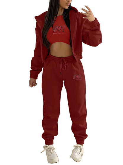 Sport Outfit- Sweatpants, Hooded Sweatshirt, and Crop Tank 3-Piece Sport Ensemble- - Pekosa Women Clothing