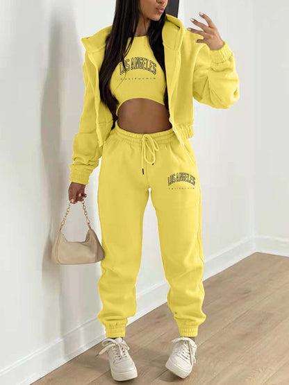 Sport Outfit- Sweatpants, Hooded Sweatshirt, and Crop Tank 3-Piece Sport Outfit Trio- Yellow- Pekosa Women Clothing