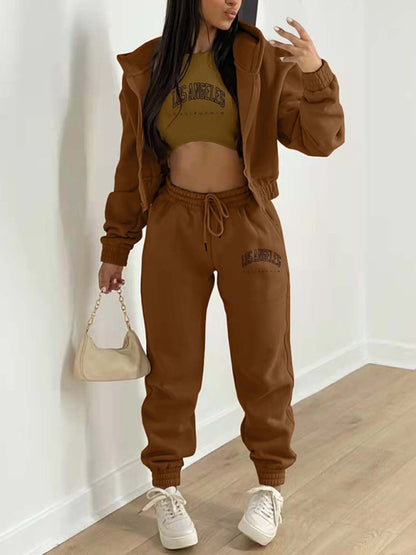 Sport Outfit- Sweatpants, Hooded Sweatshirt, and Crop Tank 3-Piece Sport Outfit Trio- Brown- Pekosa Women Clothing