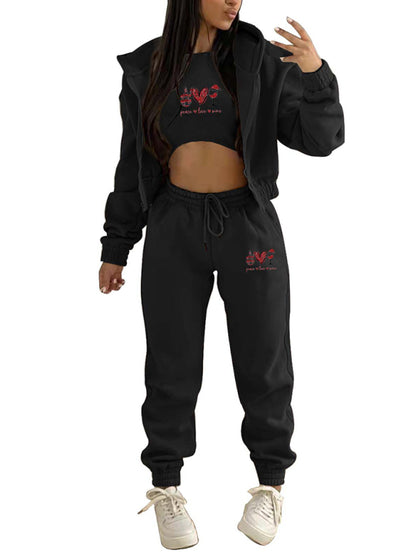 Sport Outfit- Sweatpants, Hooded Sweatshirt, and Crop Tank 3-Piece Sport Ensemble- - Pekosa Women Clothing