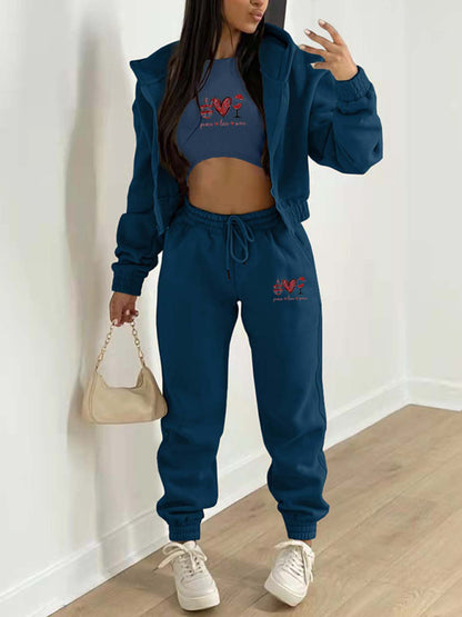 Sport Outfit- Sweatpants, Hooded Sweatshirt, and Crop Tank 3-Piece Sport Ensemble- Champlain color- Pekosa Women Clothing