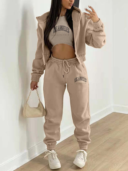 Sport Outfit- Sweatpants, Hooded Sweatshirt, and Crop Tank 3-Piece Sport Outfit Trio- Khaki- Pekosa Women Clothing