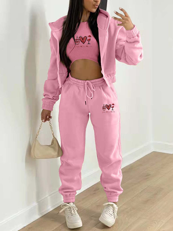 Sport Outfit- Sweatpants, Hooded Sweatshirt, and Crop Tank 3-Piece Sport Ensemble- Pink- Pekosa Women Clothing