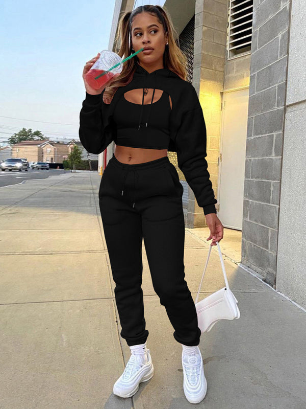 Sport Outfits- 3-Piece Bolero Sweatshirt, Tank Top, and Sweatpants Set- Black- Pekosa Women Clothing