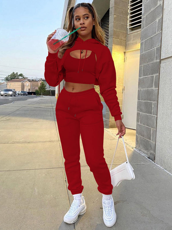 Sport Outfits- 3-Piece Bolero Sweatshirt, Tank Top, and Sweatpants Set- Red- Pekosa Women Clothing