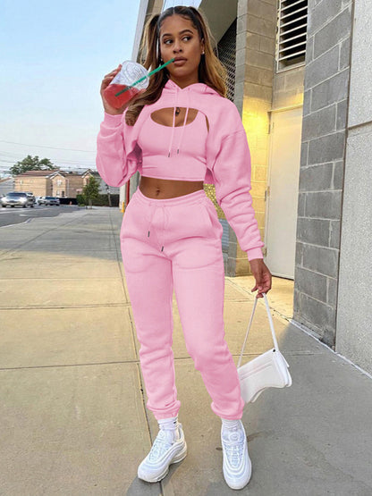 Sport Outfits- 3-Piece Bolero Sweatshirt, Tank Top, and Sweatpants Set- Pink- Pekosa Women Clothing