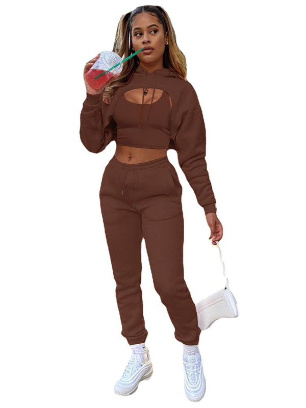 Sport Outfits- 3-Piece Bolero Sweatshirt, Tank Top, and Sweatpants Set- Brown- Pekosa Women Clothing