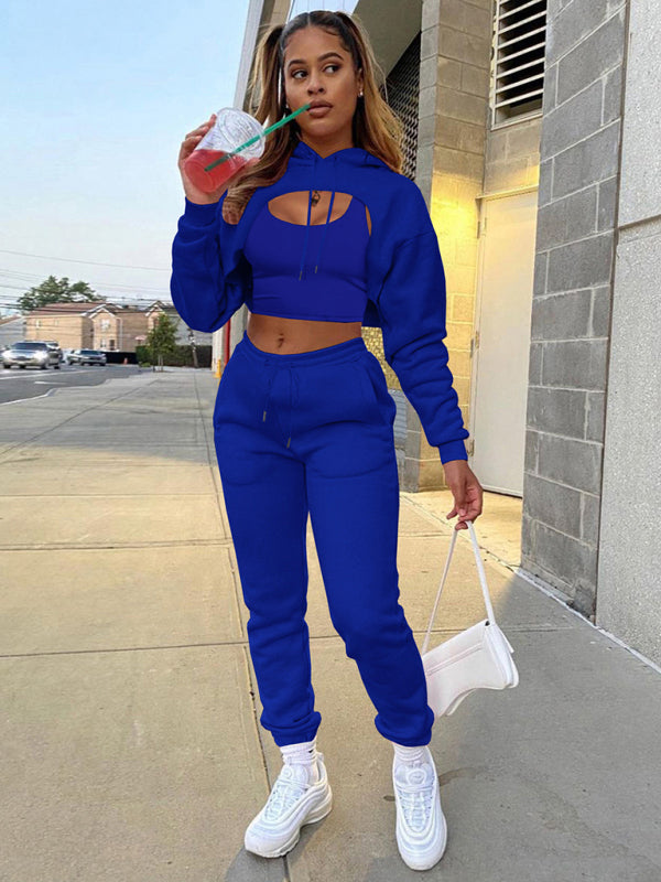 Sport Outfits- 3-Piece Bolero Sweatshirt, Tank Top, and Sweatpants Set- Blue- Pekosa Women Clothing