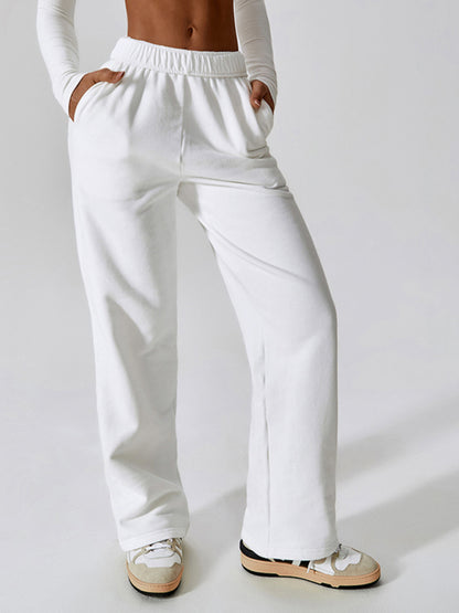 Sport Outfits- Solid Cotton Sporty Tracksuit Sweatpants- White- Pekosa Women Clothing