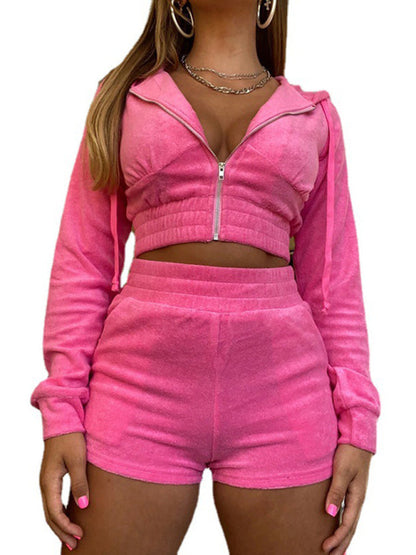 Sport Outfits- Sport 2-Piece Hooded Zip-Up Crop Sweatshirt with Matching Shorts- - Pekosa Women Clothing