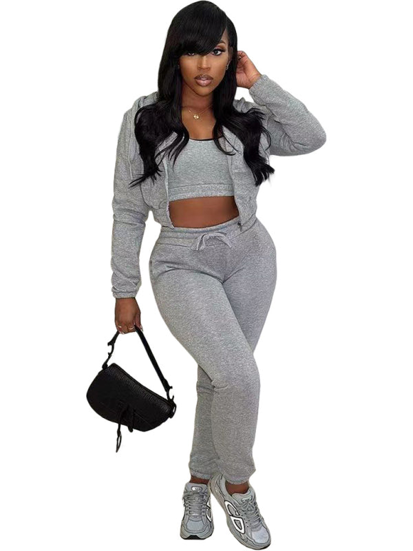 Sport Outfits- Sport 3-Pc Outfit Sweatpants + Fleece Hoodie + Crop Top- - Pekosa Women Clothing