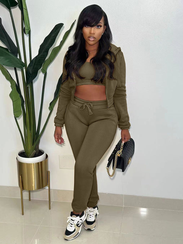 Sport Outfits- Sport 3-Pc Outfit Sweatpants + Fleece Hoodie + Crop Top- Olive green- Pekosa Women Clothing