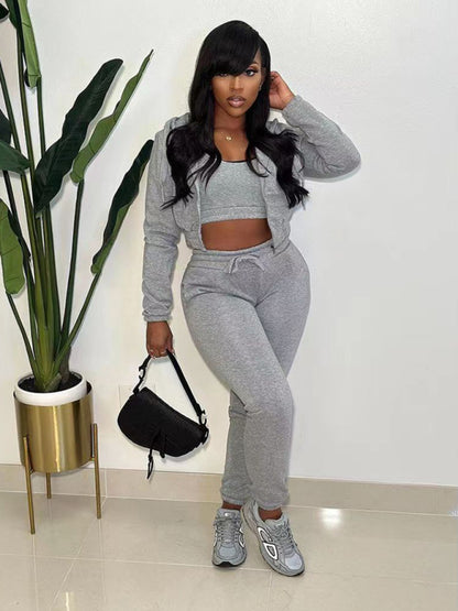 Sport Outfits- Sport 3-Pc Outfit Sweatpants + Fleece Hoodie + Crop Top- Grey- Pekosa Women Clothing