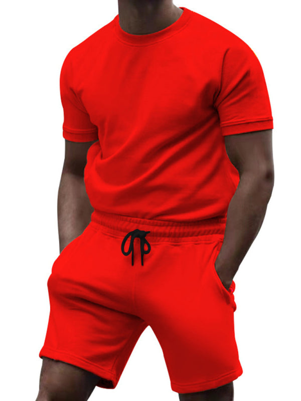 Sport Outfits- Summer Men’s 2-Piece Sport Set - Solid Tee & Shorts- Red- Pekosa Women Fashion