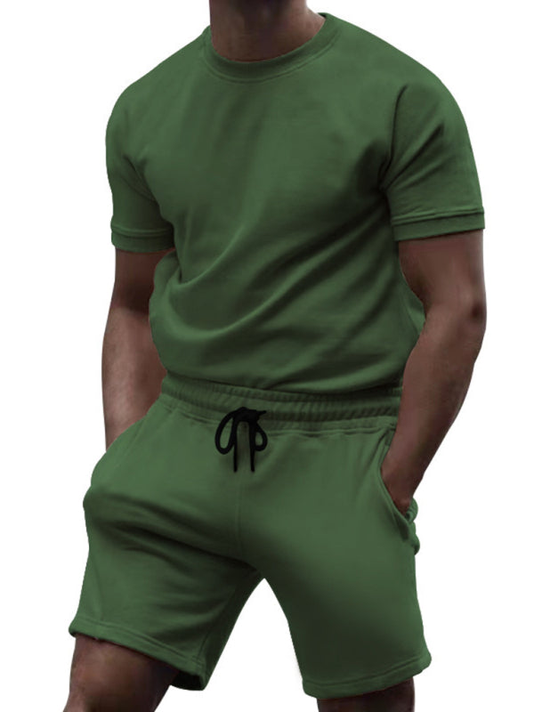 Sport Outfits- Summer Men’s 2-Piece Sport Set - Solid Tee & Shorts- Green- Pekosa Women Fashion