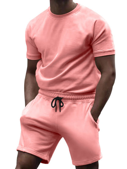 Sport Outfits- Summer Men’s 2-Piece Sport Set - Solid Tee & Shorts- Pink- Pekosa Women Fashion