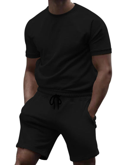 Sport Outfits- Summer Men’s 2-Piece Sport Set - Solid Tee & Shorts- Black- Pekosa Women Fashion