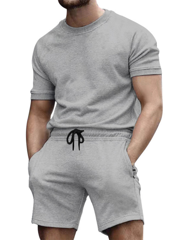 Sport Outfits- Summer Men’s 2-Piece Sport Set - Solid Tee & Shorts- Misty grey- Pekosa Women Fashion