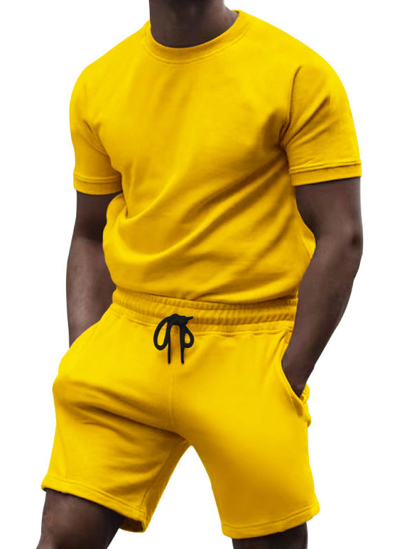 Sport Outfits- Summer Men’s 2-Piece Sport Set - Solid Tee & Shorts- Yellow- Pekosa Women Fashion