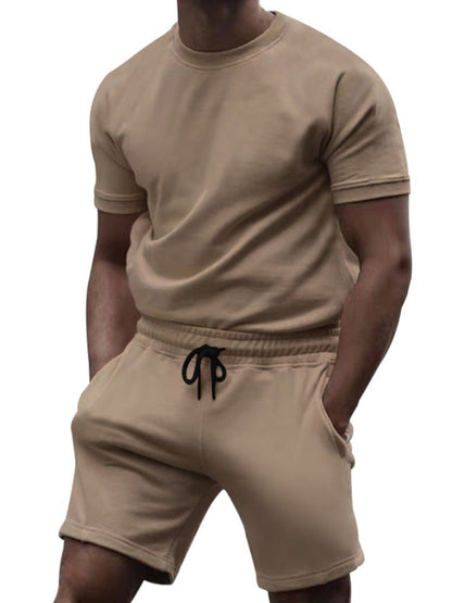 Sport Outfits- Summer Men’s 2-Piece Sport Set - Solid Tee & Shorts- Khaki- Pekosa Women Fashion