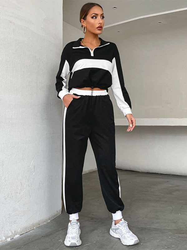 Sport Outfits- Sweatpants and Half Zip-Up Crop Sweatshirt 2-Piece Street Tracksuit- Black- Pekosa Women Clothing