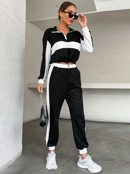 Sport Outfits- Sweatpants and Half Zip-Up Crop Sweatshirt 2-Piece Street Tracksuit- - Pekosa Women Clothing