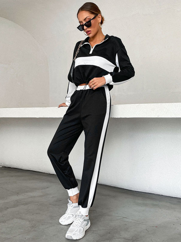 Sport Outfits- Sweatpants and Half Zip-Up Crop Sweatshirt 2-Piece Street Tracksuit- - Pekosa Women Clothing