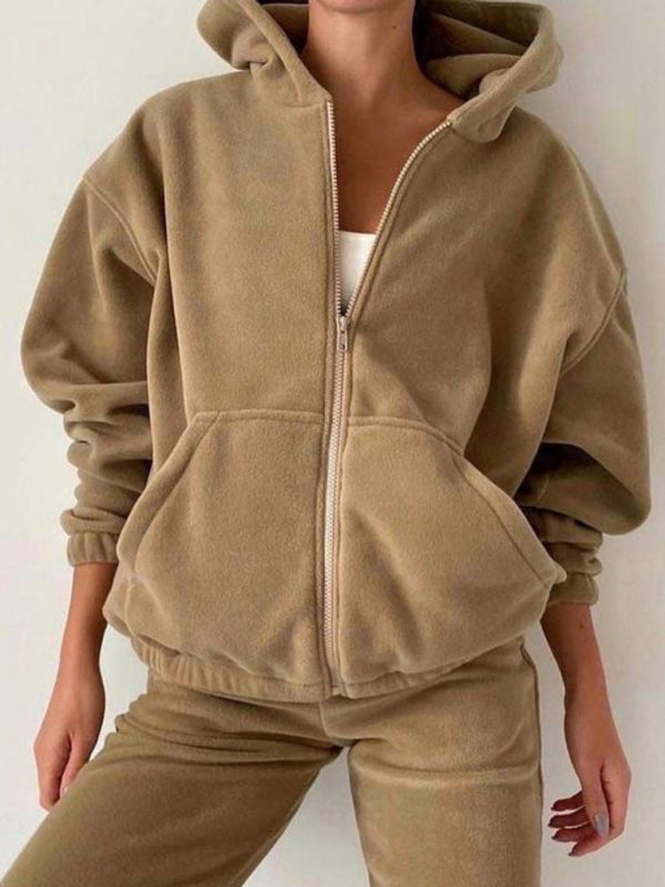 Sport Outfits- Sweatpants and Zip-Up Hoodie 2-Piece Sport Outfit- Khaki- Pekosa Women Clothing