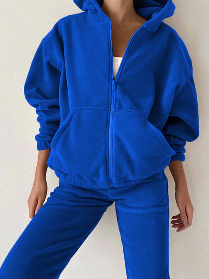 Sport Outfits- Sweatpants and Zip-Up Hoodie 2-Piece Sport Outfit- - Pekosa Women Clothing