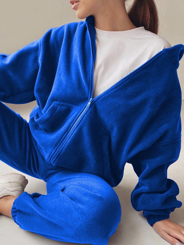 Sport Outfits- Sweatpants and Zip-Up Hoodie 2-Piece Sport Outfit- Blue- Pekosa Women Clothing