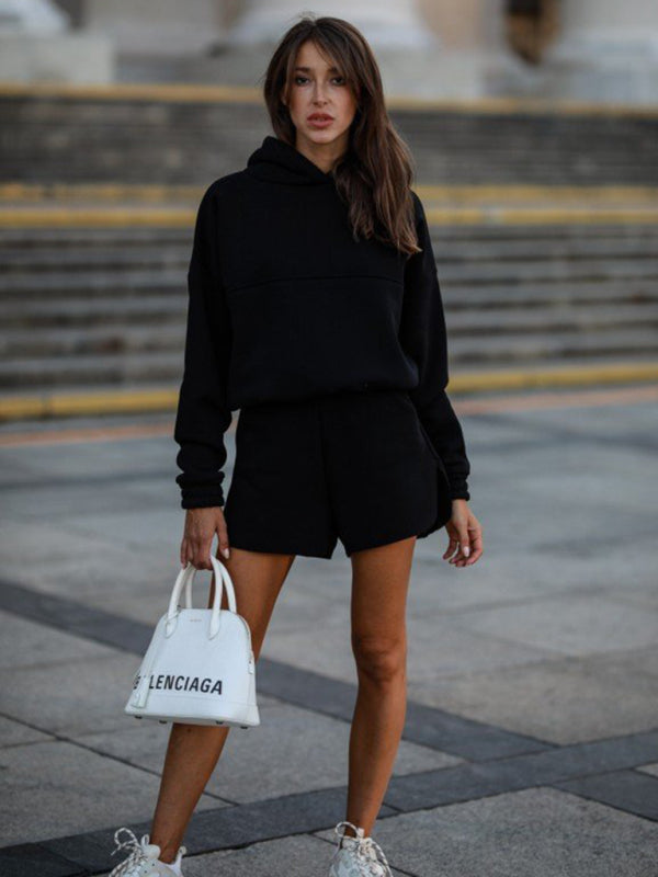 Sporty Outfit- Autumn Kangaroo Sweatshirt Hoodie and Shorts Sporty Outfit- Black- Pekosa Women Clothing