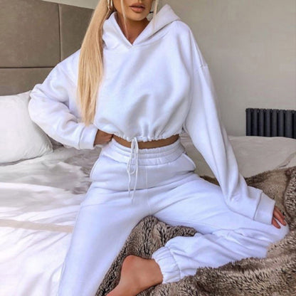 Sporty Pants Set- Sporty Tracksuit Pants and Crop Sweatshirt Hoodie- White- Pekosa Women Clothing