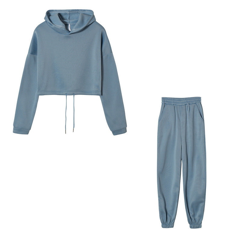 Sporty Pants Set- Sporty Tracksuit Pants and Crop Sweatshirt Hoodie- Blue- Pekosa Women Clothing